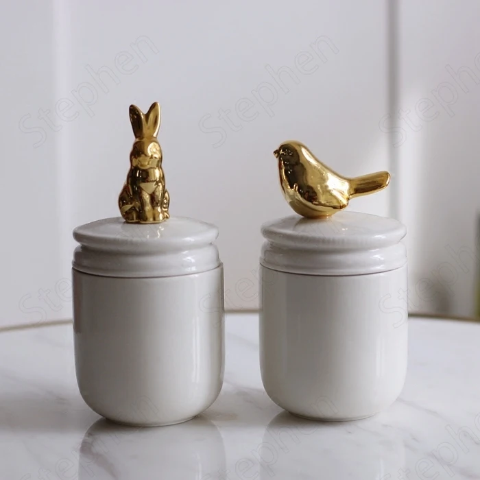 Gold Animal Cover Ceramic Jars with Lid Nordic Simple Bird Rabbit Gilded White Cosmetic Containers Snack Candy Jar Wedding Decor