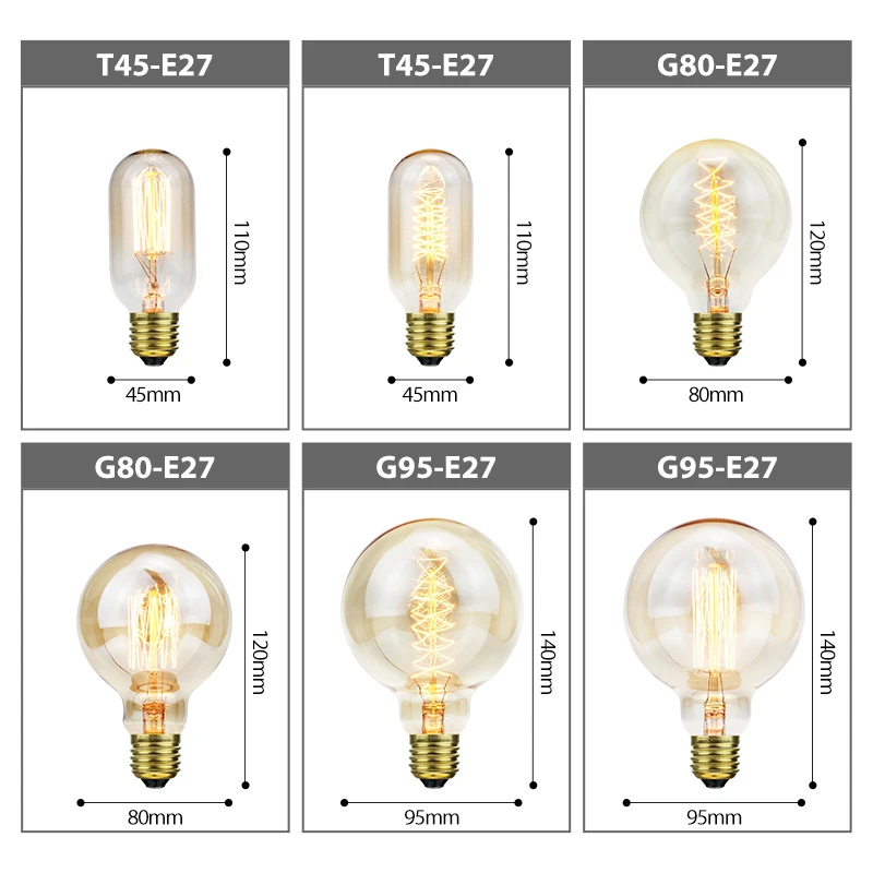 Ampoule Vintage Edison, lampe rétro à incandescence, ST64, G95, G80, A19, T10, T45, T185, 220v, ampoules E27, lampes de mariage, pour décoration