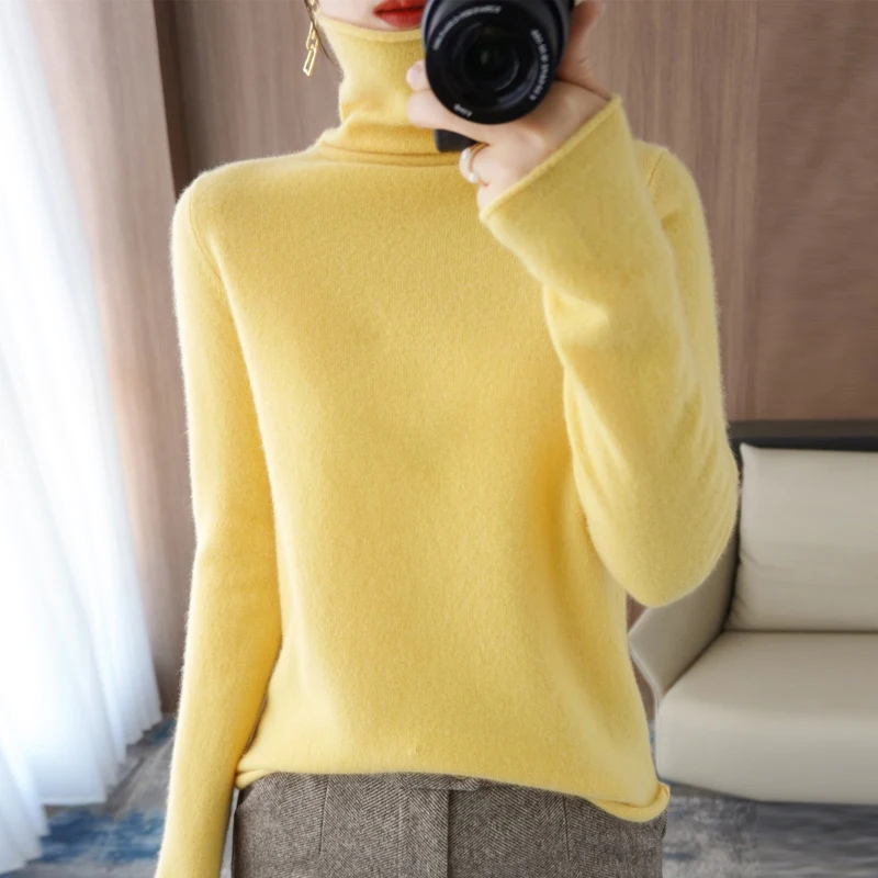 Autumn and Winter Sweater Women 100%Wool  Pullover  Slim Long-Sleeved Short Turtleneck high-Necked Cashmere Knitted Bottoming