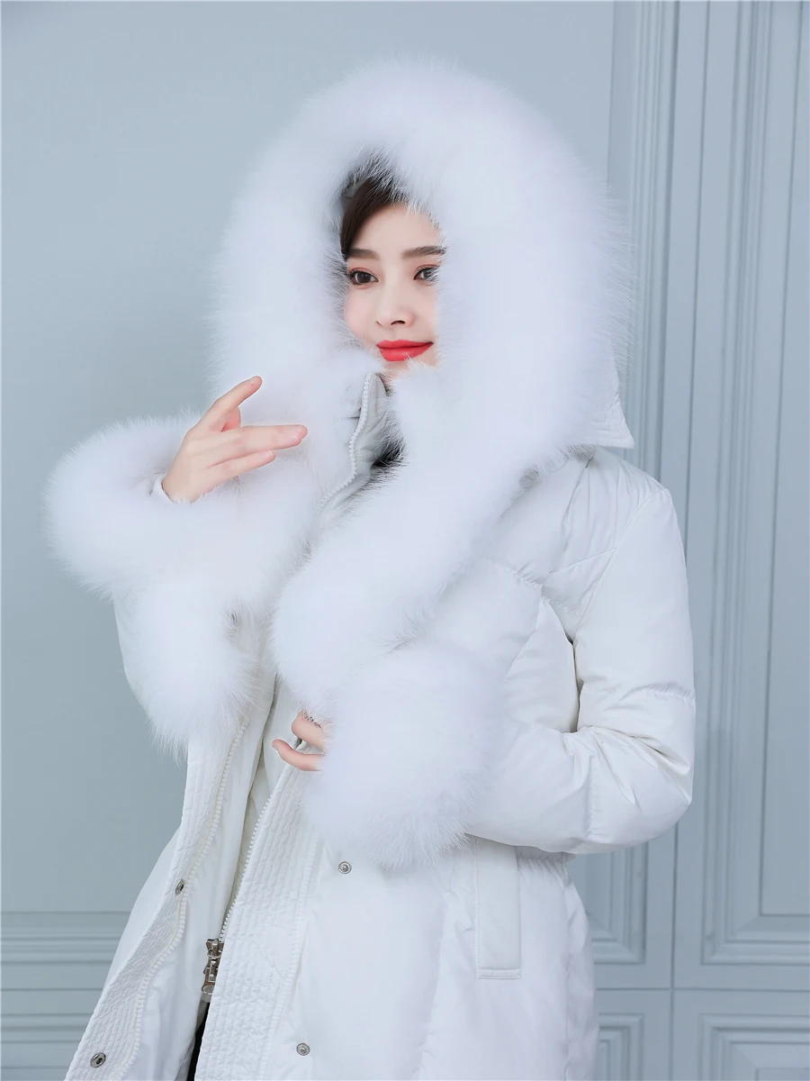 Русский теплый меховой пуховик Fit -30℃ cold Winter Thicker Longer Duck Down Coats Female Large Real Fox Fur Hooded Parkas wy431