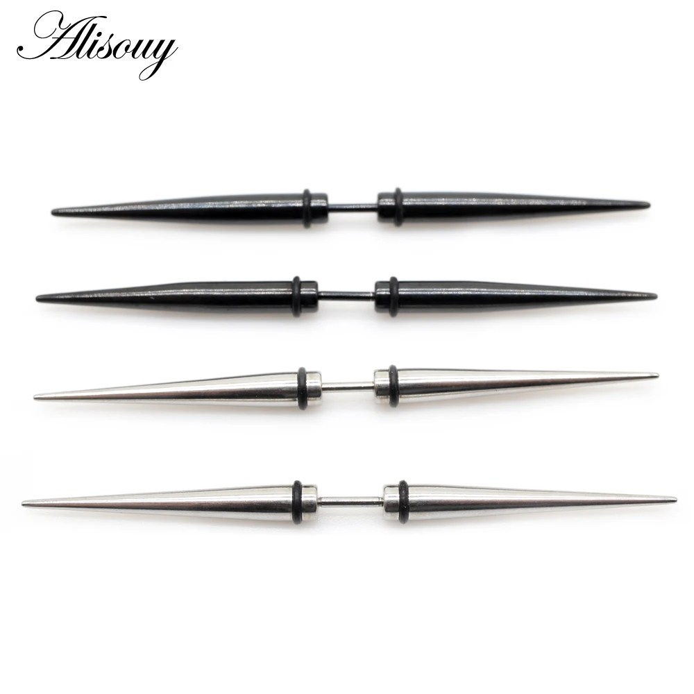 Alisouy 2pcs Unisex Gothic Punk Spike Cone Stainless Steel Dumbbell Barbell Ear Stud Earrings For Men Women Piercing Jewelry