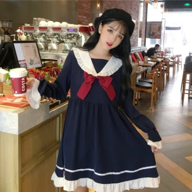 Robe gothique lolita op loli pour fille, kawaii, style collège japonais, douce, col marin, manches évasées, robe victorienne à nœud papillon