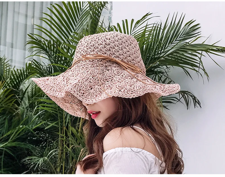 Summer New Women\'s Sun Hat Bucket cap Ribbon Flat top Straw Hats Beach Caps Panama Women Sun Hat Large Brim Straw Outdoor Hat