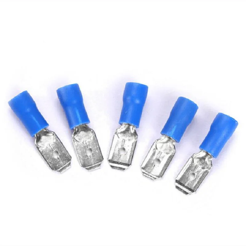 Nuevo 6,3mm 16-14AWG mujer hombre Conector de cableado eléctrico azul aislado crimpado pala Terminal azul FDFD2-250 MDD2-250