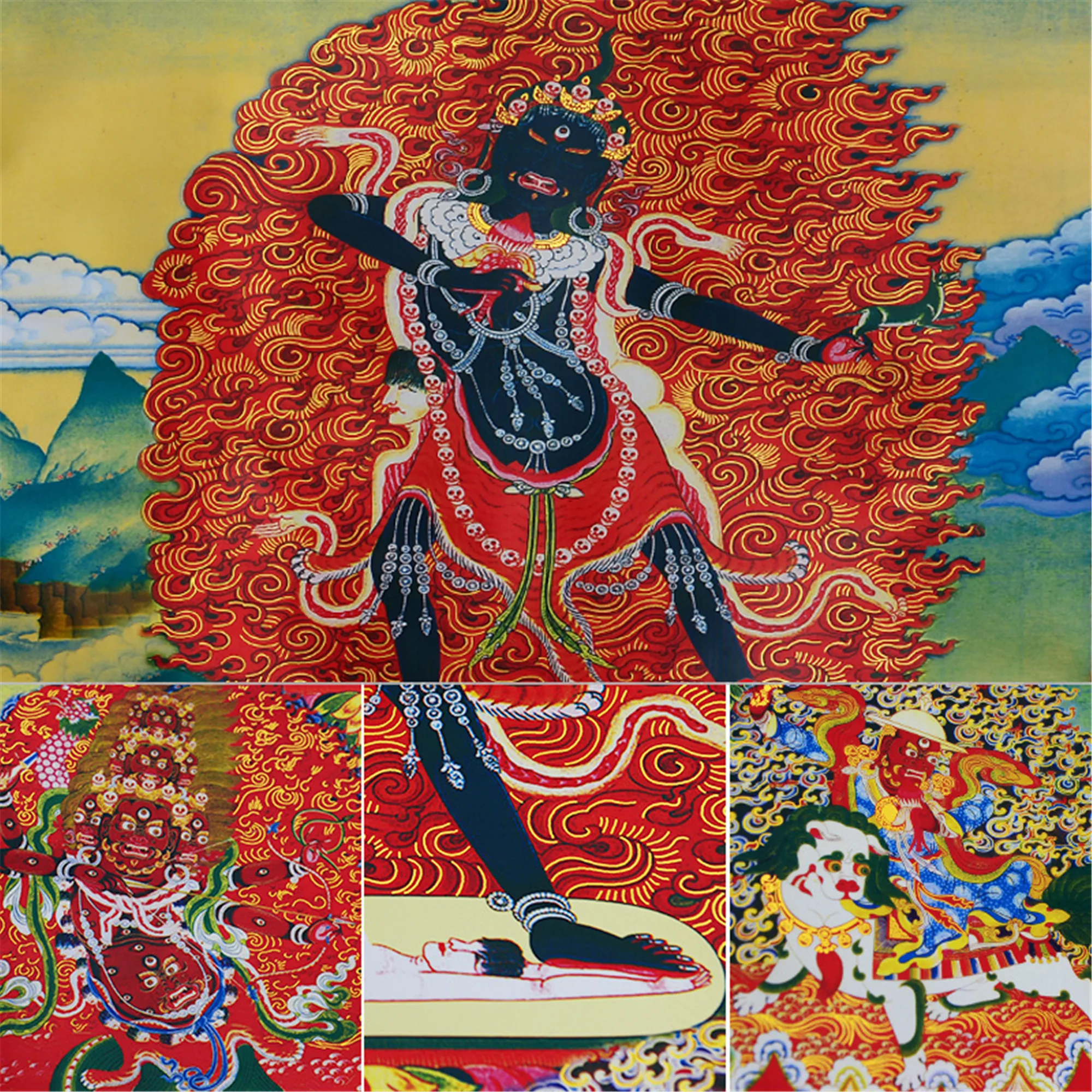 Gandhanra Bronzing Printed Thangka Art - Mahakala and Yamantaka Thangka,Hand Framed Tibetan Buddhist Thangka