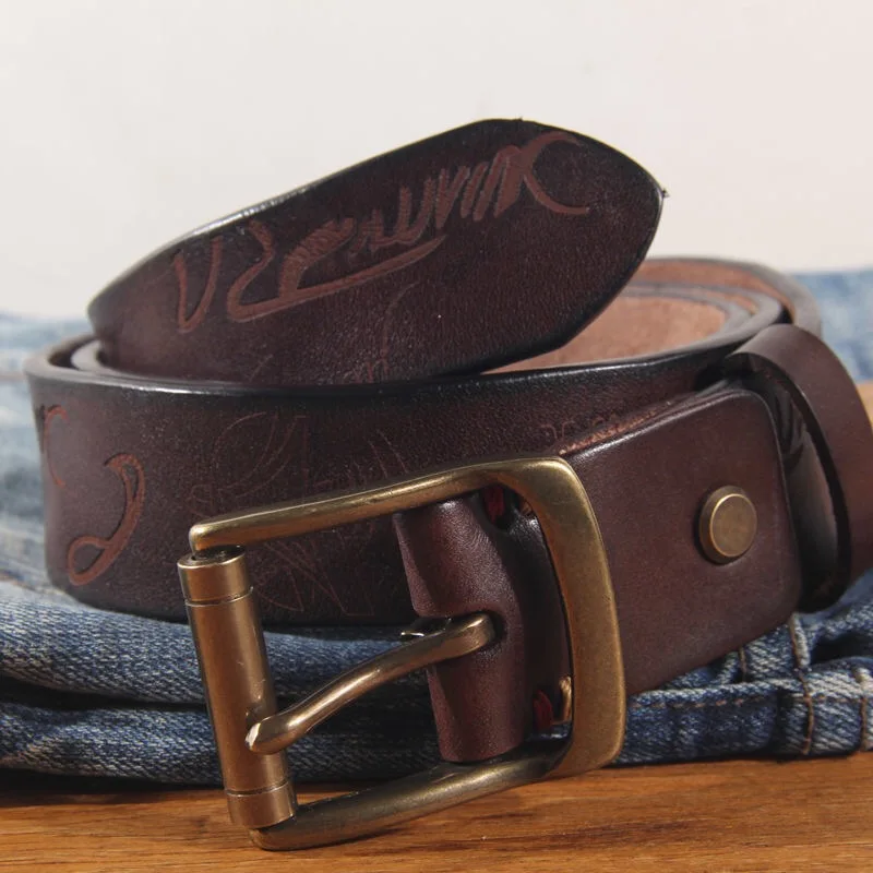 

Genuine Leather Belt Luxury Vintage Copper Buckle Design Men's Belts Brand Strap Male for Laser Engraving Jeans Designer Strap