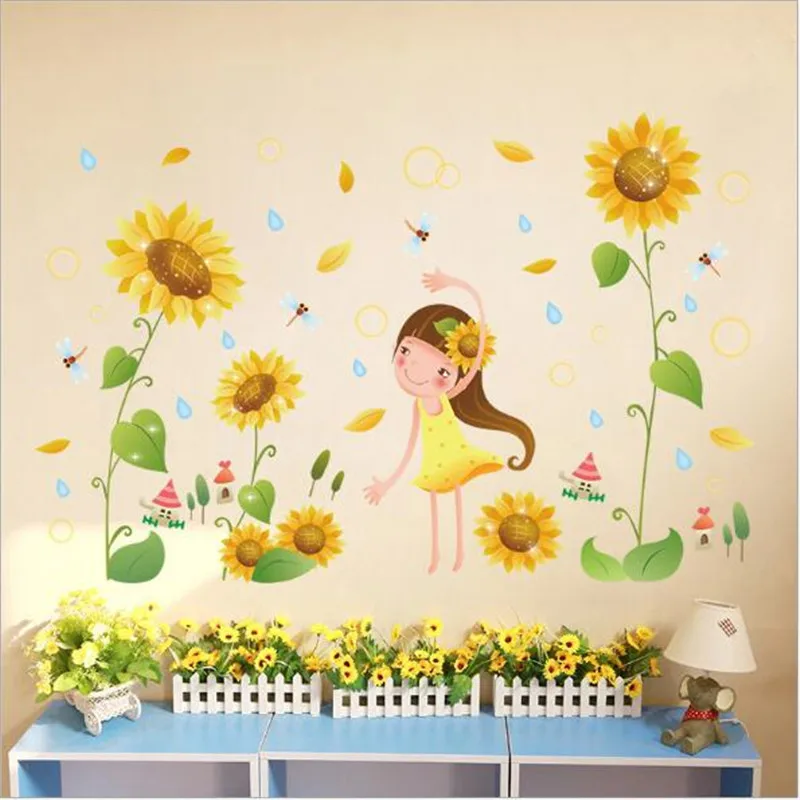 2024 Sunflower Girl Wall Sticker Flower on The Wall Art Nursery Decals for Kids Room Bedroom Living Room