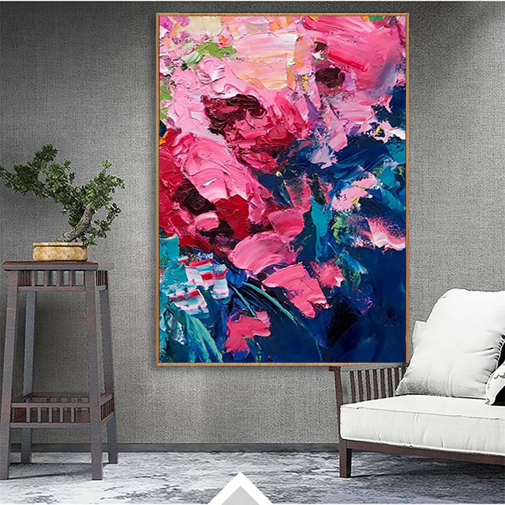 

Large Hand Painting Texture Abstract Pink Flower Oil Painting On Canvas Wall Art for Living Room Decor Flower Artwork Picture