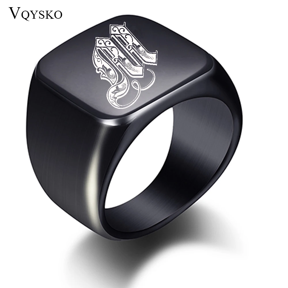 

Custom Jewelry Letter Stamp Men Rings Gift Black 18mm Male Stainless Steel Letters Engraved Ring for Man