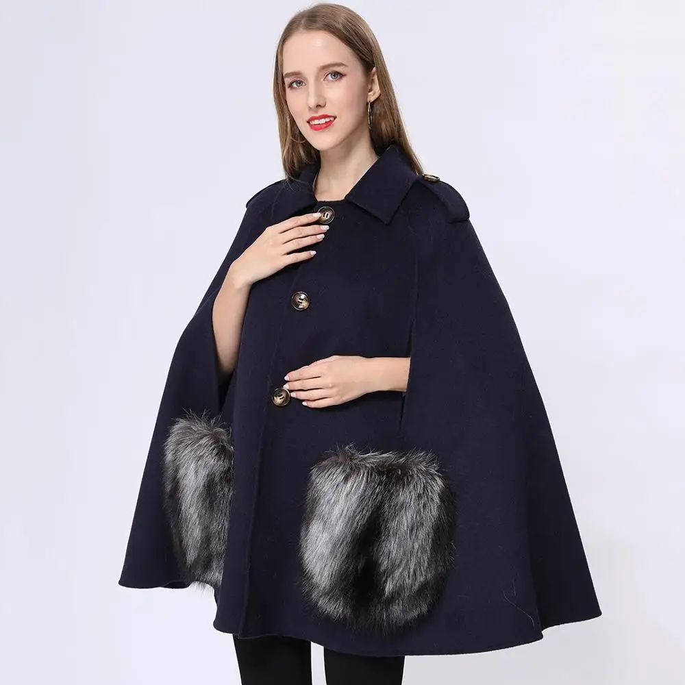 Janefur novos produtos real pele de raposa bolso oversize poncho casaco cashmere inverno moda feminina elegante senhoras pele cape xale