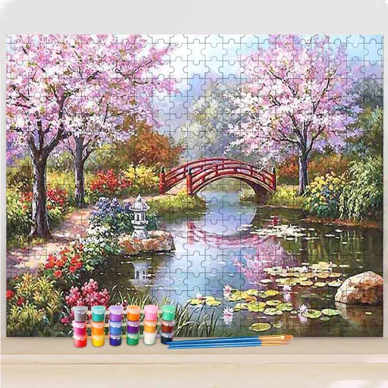 GATYZTORY DIY Painting By Numbers Jigsaw Puzzle Cherry Blossom Garden Canvas Drawing Landscape Handpainted Gift Home Wall Art