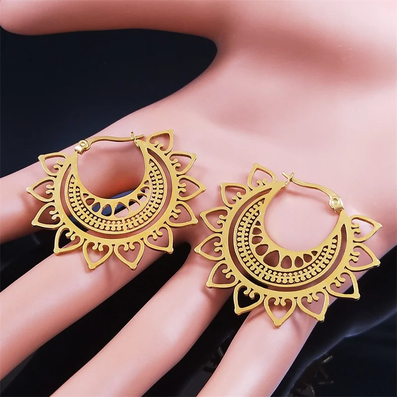 India Gypsy Tribal Ethnic Mandala Stainless Steel Earrings Women Gold Color Lotus Flower Hoop Earrings Jewelry aretes E9354S01