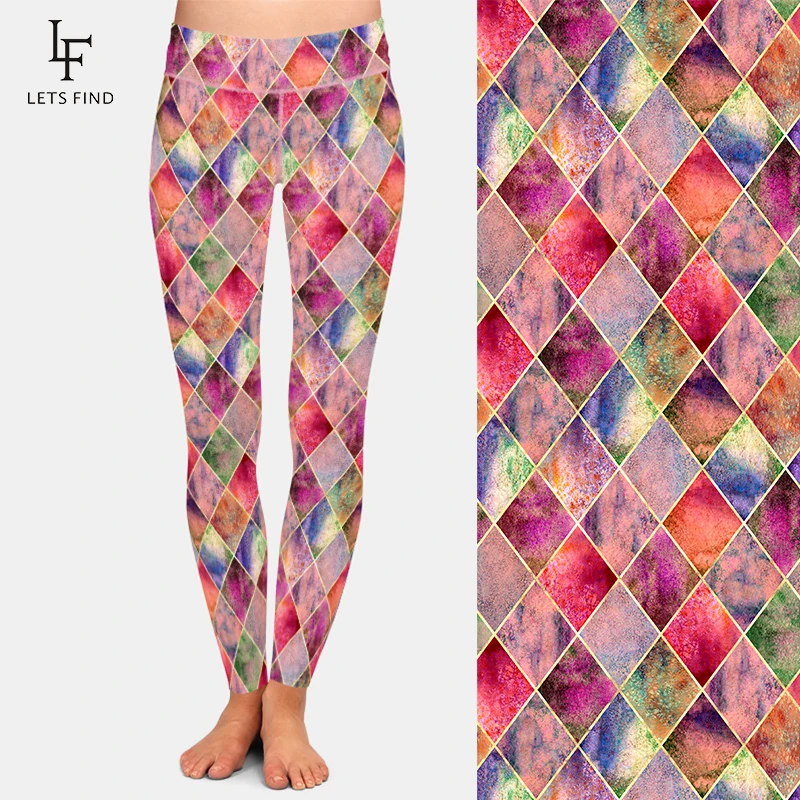 LETSFIND Hot Sales Women High Waist Legging Geometric Plaid Printing Leggings Slim High Elasticity Fitness Leggings Female Pants