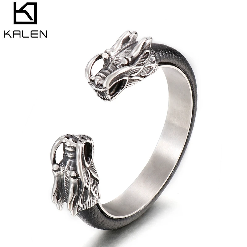316L Stainless Steel Dragon Head Cuff Bangle Wolf Bracelet Men Leather Elastic Open Boys Hand Bracelets Mens Jewellery 2021