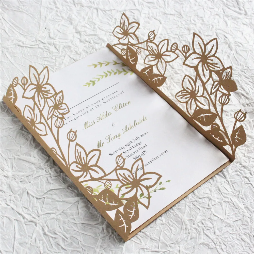 Floral Laser Invitation Card Anniversary Invite Personalized Insert Printing Craft Pearl Paper Petal Design 50 Sets