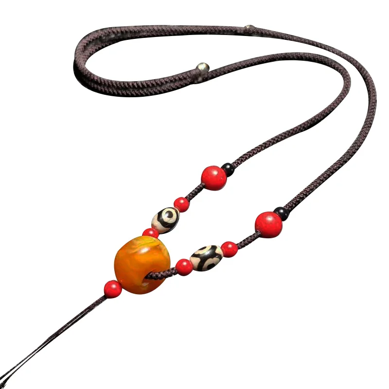 Nice Tibetan Amulet 3 Eyes Nature Vein Dzi Bead Zinnober Beeswax Necklace Cord Hanging Lucky Talisman