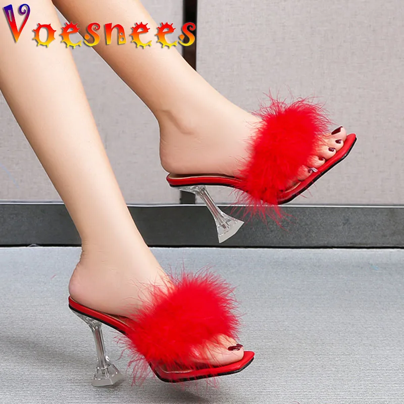 Voesnees 2021 New Summer Sweet Women Slippers Transparent PVC Fur Crystal Sandals 9CM Party Fashion Cute Furry High-Heeled Shoes