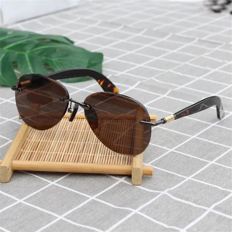 

Rockjoy Rimless Sunglasses Male Women Brown Sun Glasses for Men Stone Lens Natural Crystal Anti Eye Dry Aviation Shades Heavy