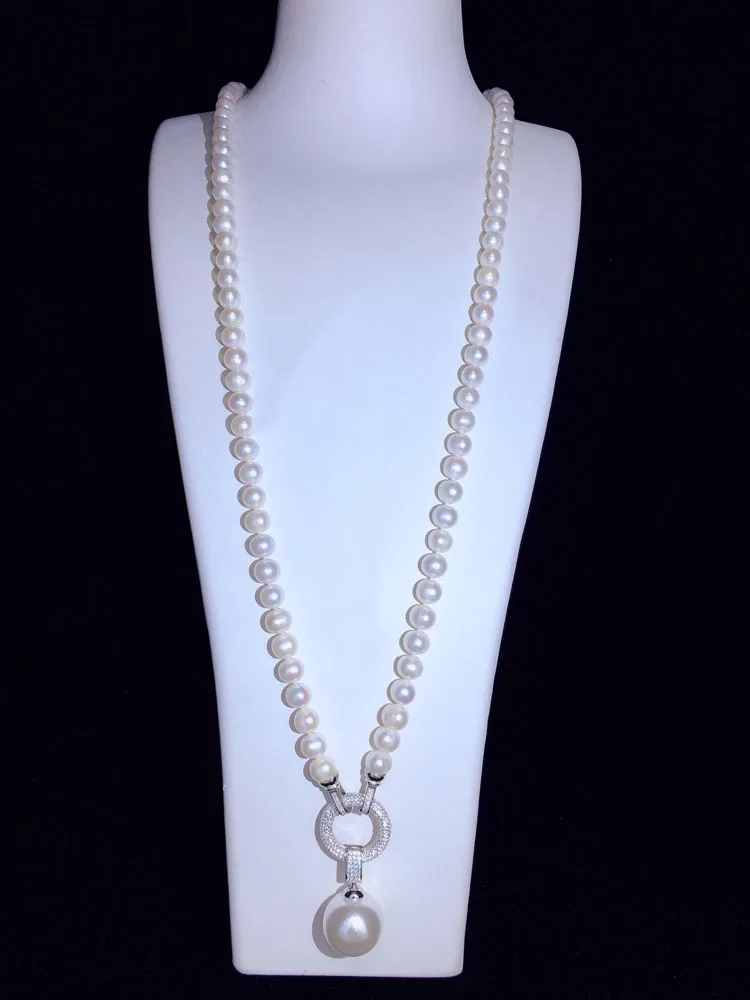 

Natural fresh water pearl 8-9MM nearly round Long Necklace 20mm shell pearl Pendant temperament sweater chain 32INCH