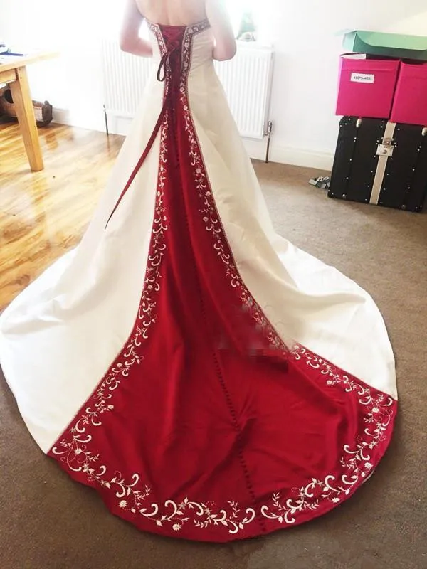 Wine Red And White Wedding Dress Embroidery Elegant Satin A-Line Long Bridal Gowns Lace-Up Event Dress For Women 2024 Customized