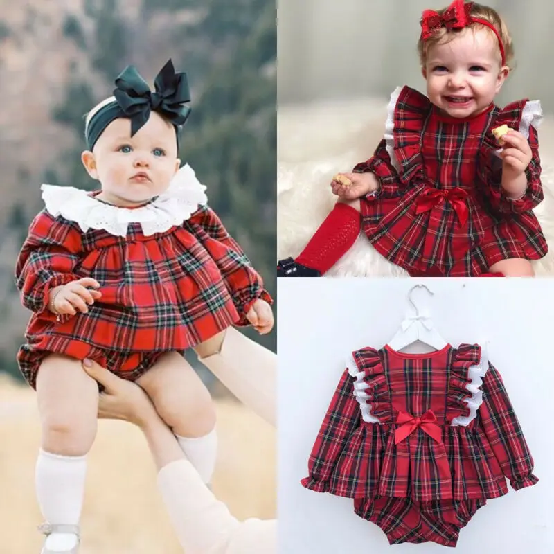 PUDCOCO  Christmas Newborn Baby Girl Plaid Clothes Ruffle Romper Jumpsuit Dress Shorts Pants Outfit 0-24M