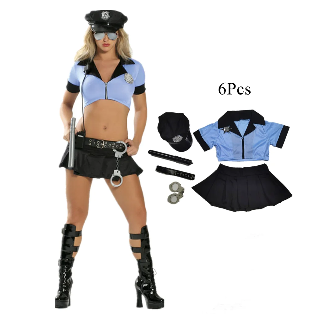 

6Pcs Blue Sexy Police Costumes Adult Womens Cop Officer Uniform Suit Halloween Party Cosplay Policewomen Costume