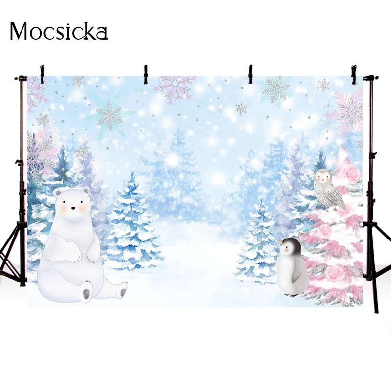 Winter Theme Background Ice And Snow World Penguin Polar Bear Decoration Style Baby Shower Photo Backdrop Photography Studio