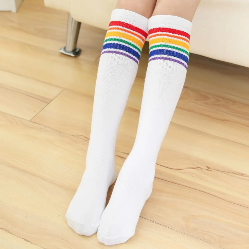 

35CM 40CM 50CM Girls Knee High Colored Stripes Rainbow Socks Boy Girl Elastic Long School Kids Children Black White 3-12Years