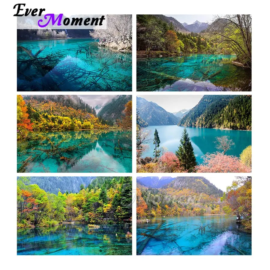 

Ever Moment Diamond Painting Chinese Scenery Paint By Diamond Lake Mountain Square Resin Drill Wall Art Decoration Gift ASF2382