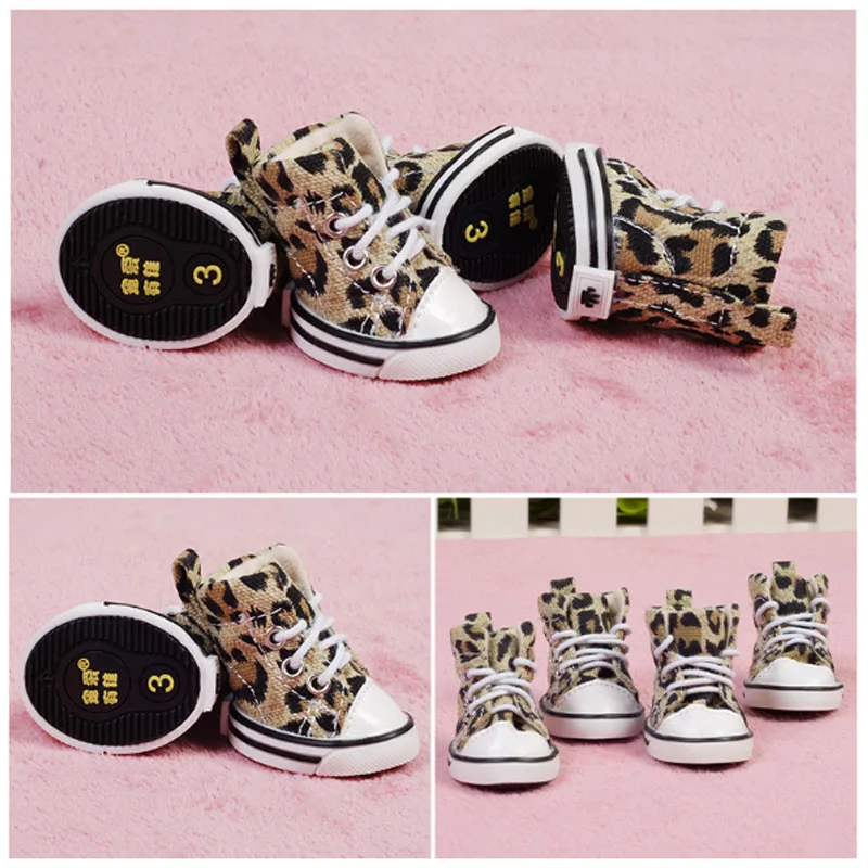 4pcs/set Winter Fashion Lacing Puppy Shoes Leopard Canvas Dog Shoes For Small Dogs Anti-slip Dog Sneaker Soft Bottom Dog Booties