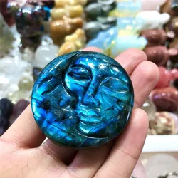 1PCS hand-carved natural blue flash Labrador Palm stone sun and moon day month