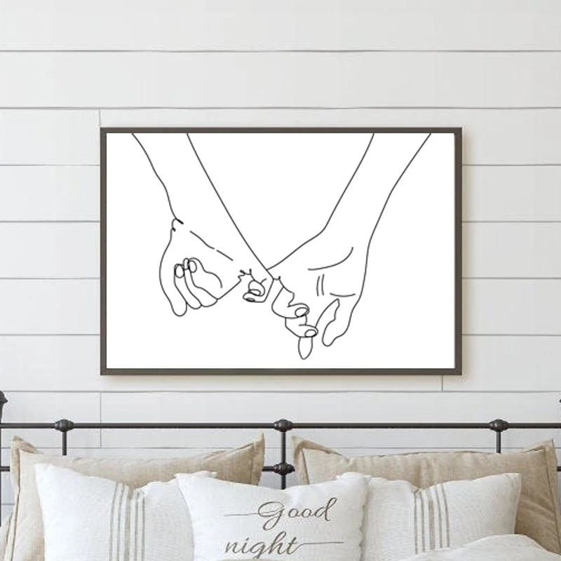 Abstract Poster Hands Continuous Line Drawing Art Prints ,Pinky Promise Hand Canvas Painting ,Love Couple Bedroom Wall Art Decor