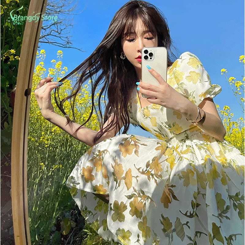 

Aesthetic Clothes 2021 Fashion Women Harajuku Cottagecore Fairy Dress With Short Sleeves Vintage Clothes Summer Dress Elegant