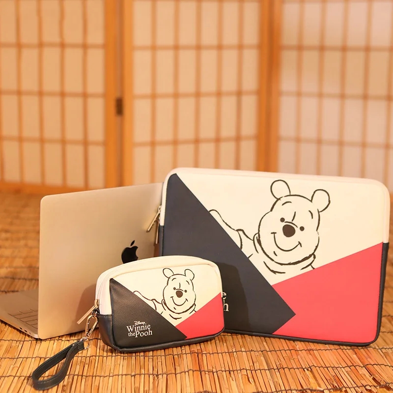 Disney Laptop Bag + Power Pack PU Leather Winnie The Pooh 13 14 Inch Notebook Bag Suit For Apple Huawei Lenovo Macbook Case