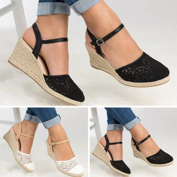 Beige Heeled Sandals Large Size Clogs Wedge Buckle Comfort Shoes for Women Black Big Platform High Girls Velvet Back Strap PU Ru