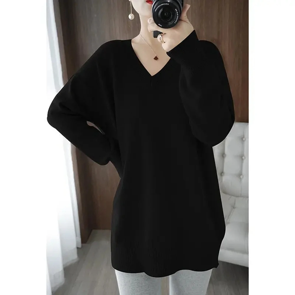 Autumn Women V Neck Oversize Sweater Gray Black White Solid Loose Long Sweaters For Women Knitted Pullover Female Basic Top