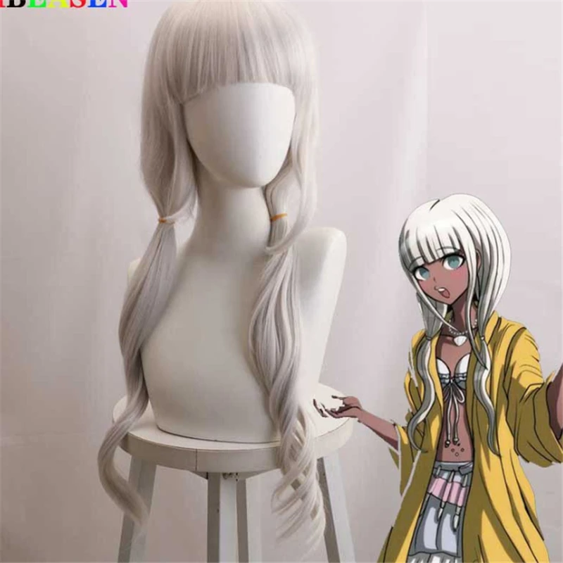 70 سنتيمتر Danganronpa: الزناد سعيد الخراب تأثيري الباروكات انجي يوناغا اللعب طويلة نقية اللون الأبيض الشعر هالوين 1:1 الباروكات