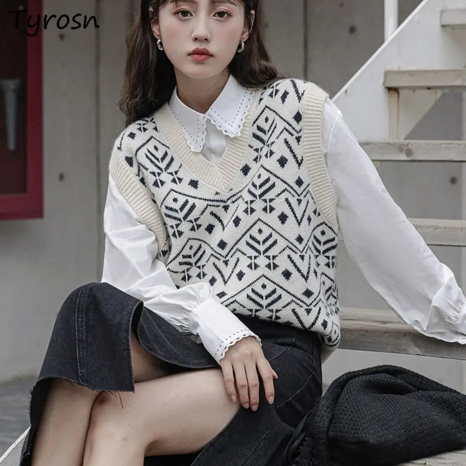 V-neck Printed Sweater Vests Women Spring Autumn Chic Fashion Knitted Sleeveless Sweaters Casual All Match Korean Style Tops New