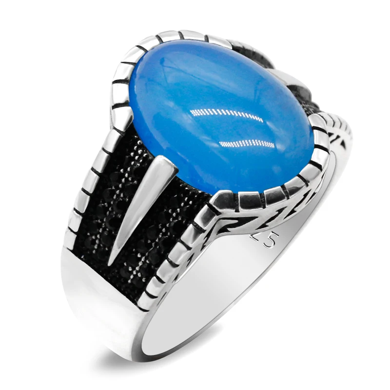 

S925 Sterling Silver Natural Blue Agate Hand made Ring Gift Original Men's Festival Gift Türkiye Punk Style Exquisite Ring Gift