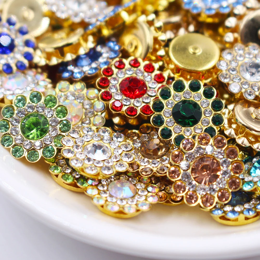 Diamantes de imitación dorados de garra de flor de 14mm, cristales brillantes, cuentas de vidrio, adorno para coser, piedras de decoración de ropa,