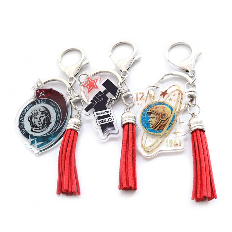 CCCP USSR Soviet Space Flight Hero Yuri Gagarin Keychains 1961 Cosmonautics Day Rockets Launch Red Star Tassel Acrylic Key Rings