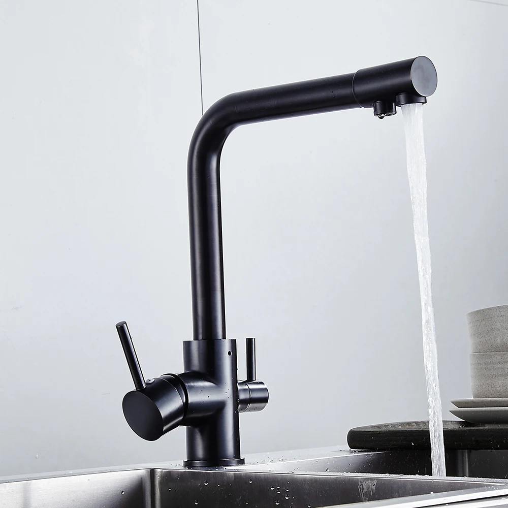 Becola Double Spout Double Handle Kitchen Faucet Black/Chrome Sink Mixer Tap Kitchen Hot and Cold Mixer Taps Water Faucets