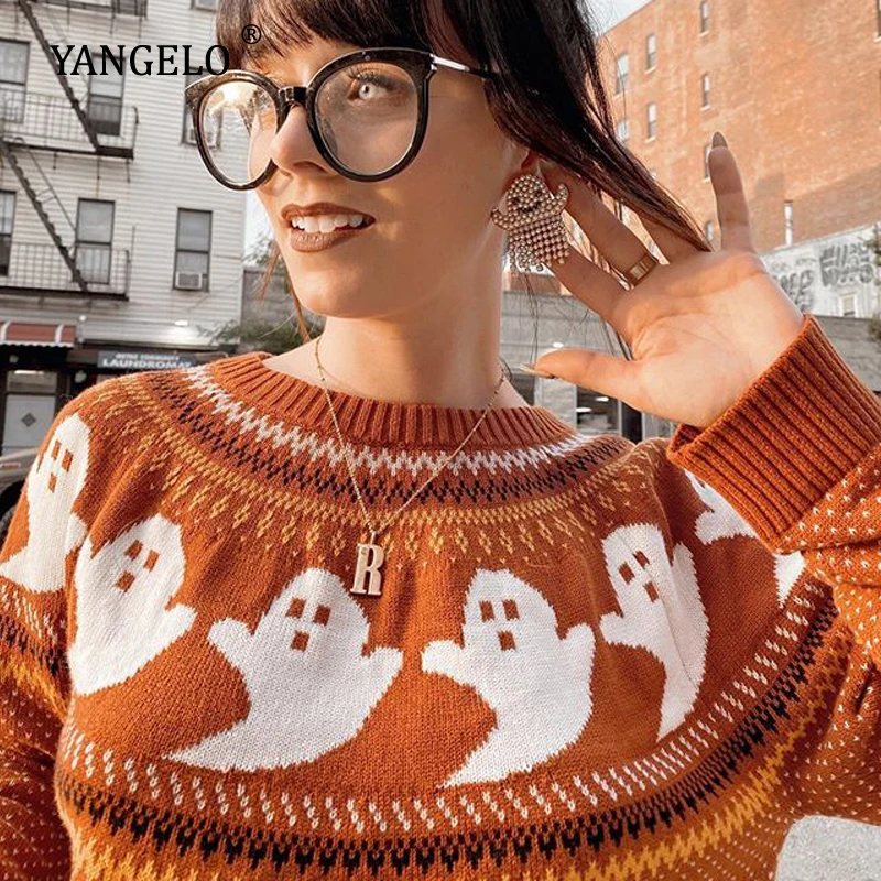 Yangelo Ghost Pattern Knit Sweater Women 2020 Fashion Winter Warm Long Sleeve Loose Comfortable Pullover Black Gothic Girl Top