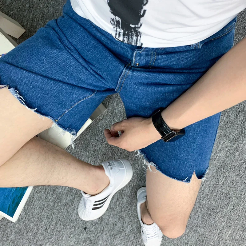 Men Summer Denim Shorts Hole Ripped Korean Style Slim Fit Fashion Personality Multi-Pockets Zipper Casual Short Jeans Hip Hop