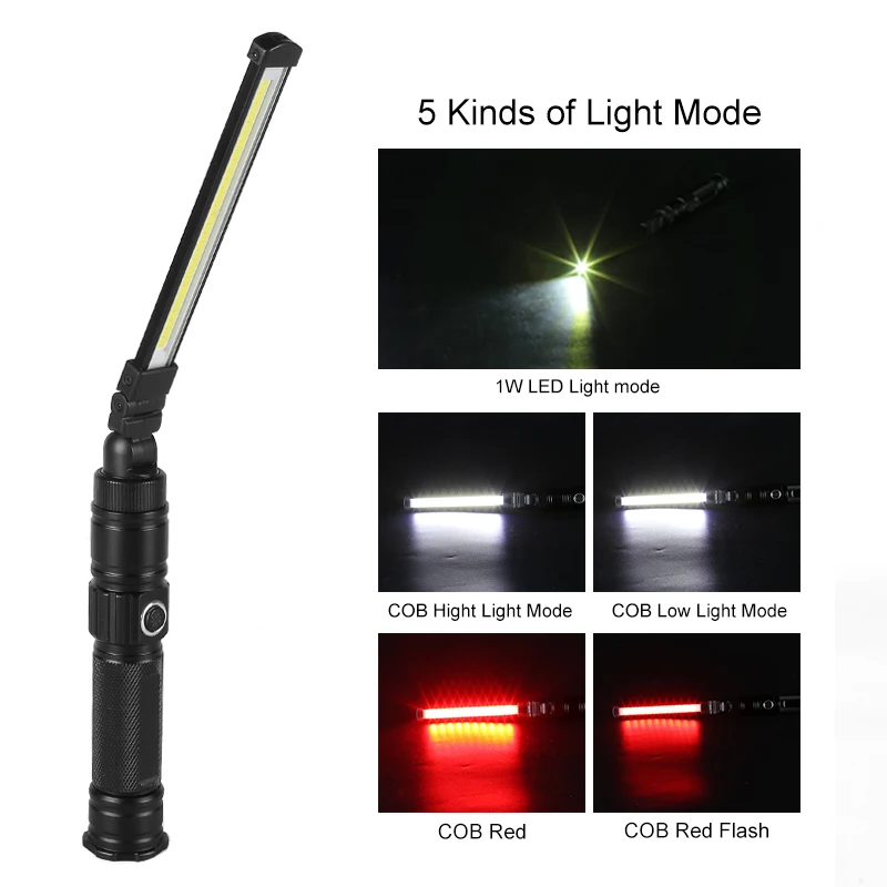 USB Rechargeable Work Light Ultra Bright LED Flashlight With Magnetic Base 5 Lighting Modes Foldable Work Lamp For Car Repair