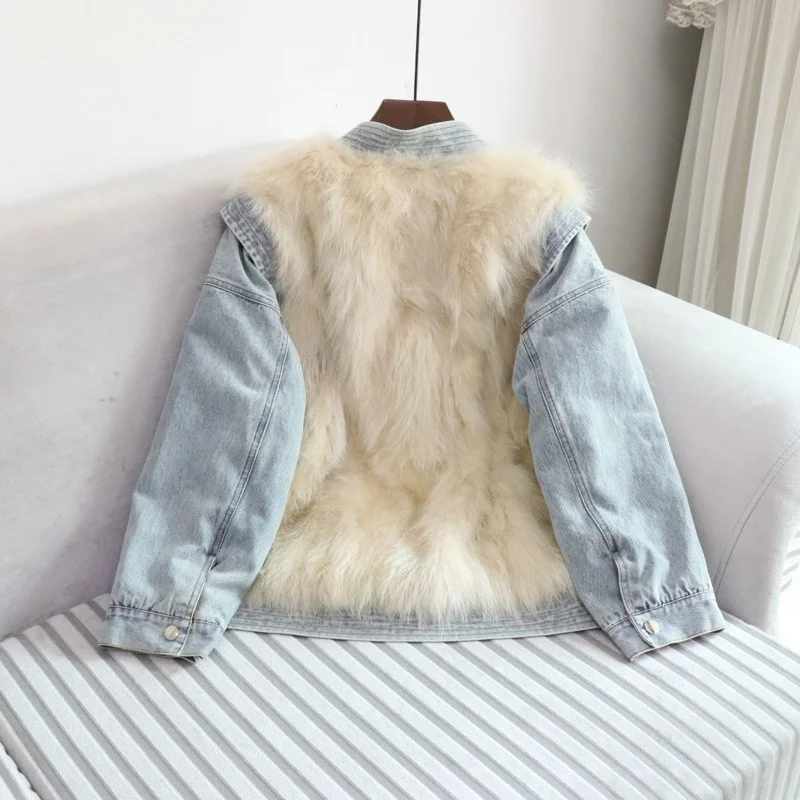 Winter Autumn Women Raccoon Fur Long Sleeve Detachable Denim Coat Streetwear Casual Real Fur Waistcoat Female Zipper Thick Vest