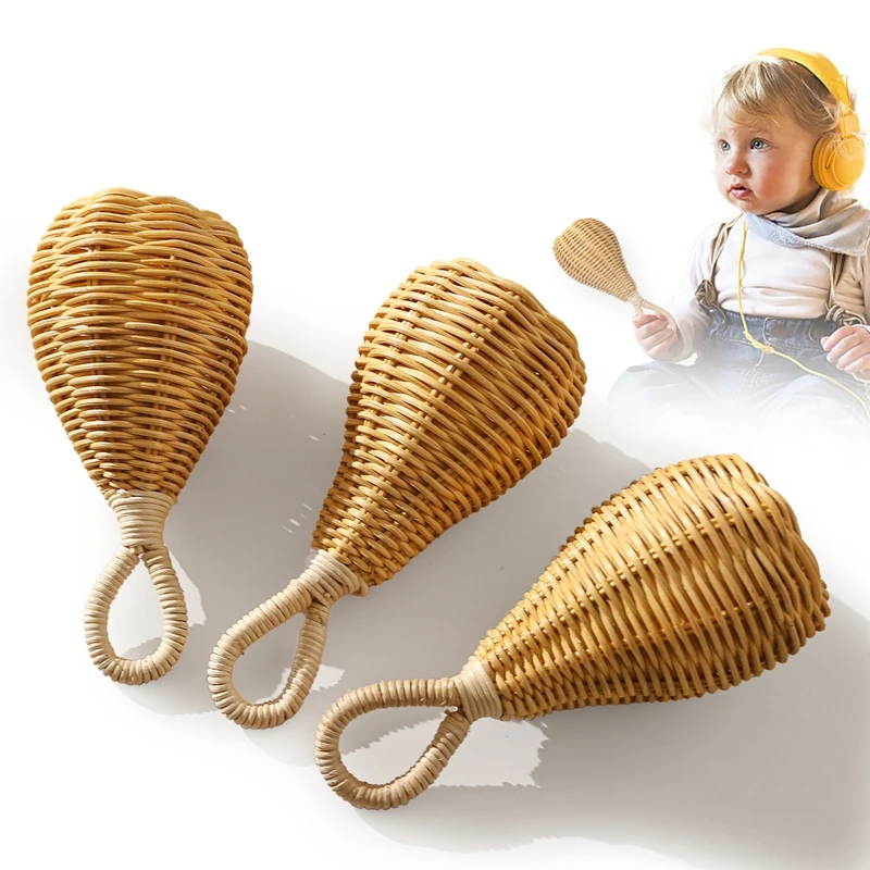 1Pc Baby Rattan Handbell Sand Hammer Musical Rattle Rattan Weaving Handbell Educational Infant Attetion Training Toys Kid Gifts