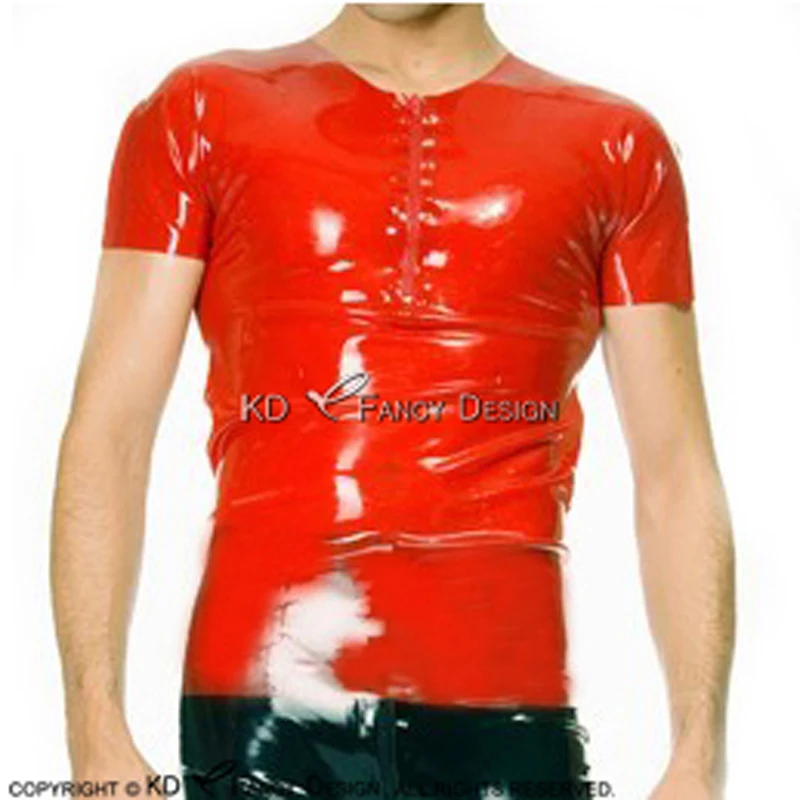 Red Sexy Latex Shirt With Zipper Front Short Sleeves Round Collar Rubber Top Blouse YF-0083