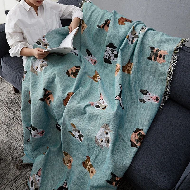 GY4023 Cute Dog Print Throw Blanket Multifunction Knitted Universal Non-slip Slipcover Cobertor for Sofa Bed Travel