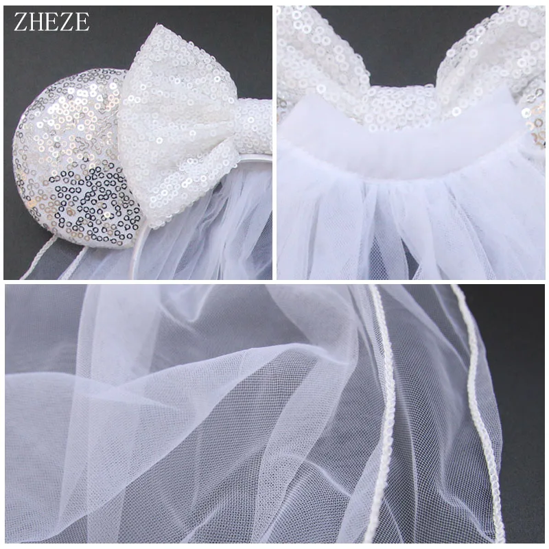 White Day Mouse Ears Headband With Veil Sequins 5\